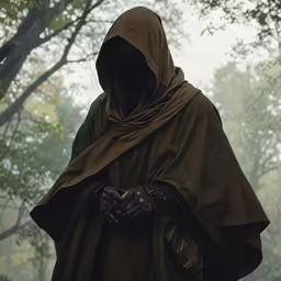 the hooded figure is holding the hands of a heart in his glove