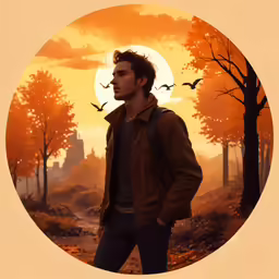 a young man with a brown jacket is standing in front of trees
