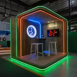 a large white neon bar with stools and a bar
