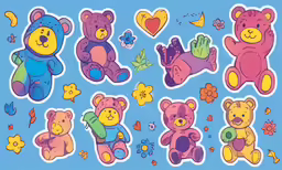 a number of stuffed animals on a blue background