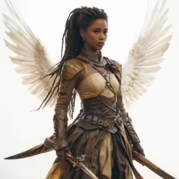 a beautiful woman in a brown dress with angel wings