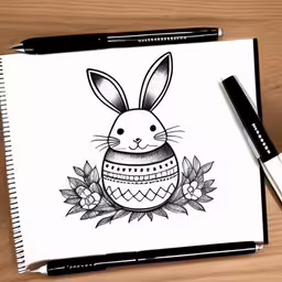 a drawing of a rabbit inside of an egg,some pens and a paper with a bunny in it,an easy way to draw a easter bunny,a notebook with an easter egg and a bunny,some black and white ink drawings of some cute animals