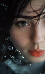 a woman has a red lips and dark hair