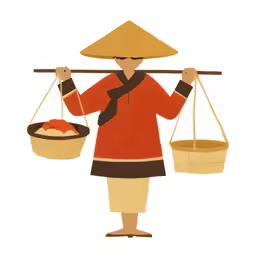 a person with two baskets on their shoulders