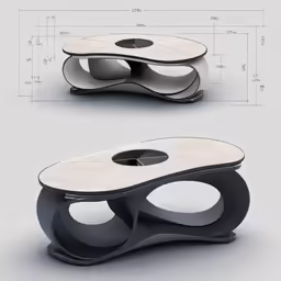 two tables made out of metal and marble, one black and white