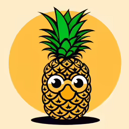 a pineapple wearing glasses sits in front of an orange backdrop