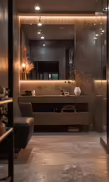 a bathroom with a glass wall and mirror