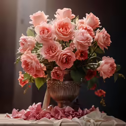 a bouquet of pink roses in an antique vase