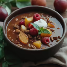 a cup of soup with strawberries, walnuts and sour cream