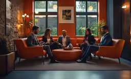 four people sitting around a sofa talking in a meeting