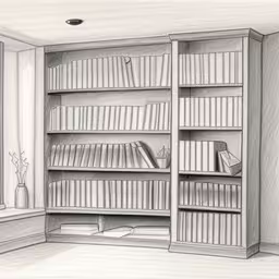 a drawing of a bookcase full of books,a bookcase is in the corner by a window,a drawing of a book shelf with books,a black and white photo of a bookcase in a room,this is a drawing of an empty room