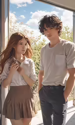 a girl with long hair standing next to a boy holding a phone