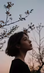a person standing under the tree branch looking out to the sky