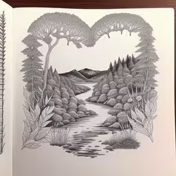 this is a drawing of a river in the woods,drawing in pen looking like a river running through it,a drawing of a lake surrounded by trees,a drawing in a book that looks like it has an open page of the image of mountains and a stream,a drawing of an empty river and mountains is shown