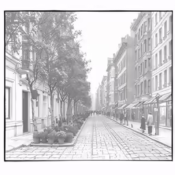 a black and white photo of a city street with buildings