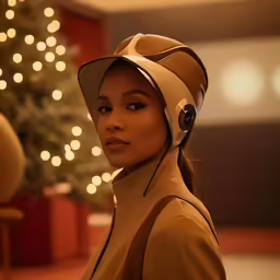 woman with headphones standing next to a christmas tree