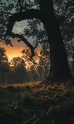 the sun shining through a forest filled with tall trees