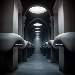 an open hallway between two buildings with many cement sinks