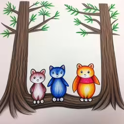 three cats sit on a tree limb drawn in colored pencils