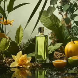 a glass bottle sitting on top of a table with oranges
