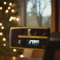 a close up of a camera in front of a christmas tree