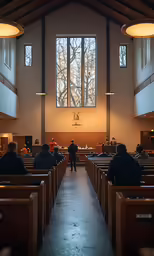 an empty church with people inside and one person in the pews