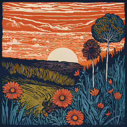 a large painting on a wall next to trees,a painting of a sunset with flowers in the foreground