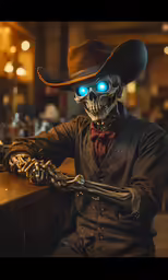 a skeleton with light up eyes in a hat