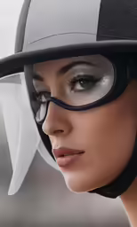 the woman wearing the helmet and goggles is posing