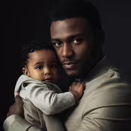 the black man is holding his little boy in his arms