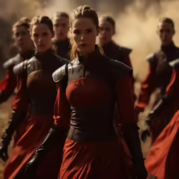 several people in red dresses stand on the side of a dirt road