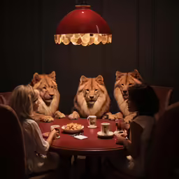 three stuffed lions sit around a dining room table with woman