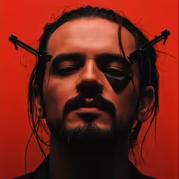 a man with black scissors on his head