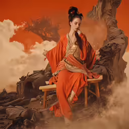 a woman sitting on a wooden bench wearing an orange dress