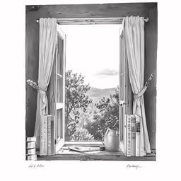 a window with curtains and a potted plant next to it