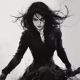 a woman wearing a black coat and sitting down