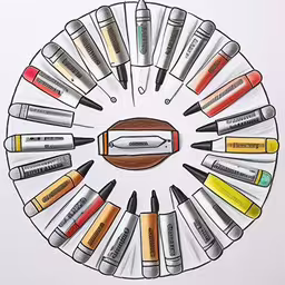this is the image for an art project of colorful bottles in a circle,the paintbrush circle is painted in shades of orange, yellow, and brown,a circular drawing of some different colored markers,a circular arrangement of cosmetics in the middle of which is empty,a drawing shows various pens arranged in the center
