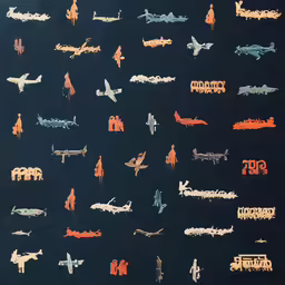 the silhouettes of people and planes are reflected in blue