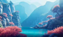 mountains and flowers stand against the blue water