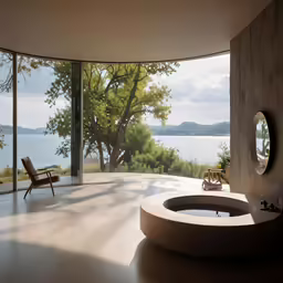 this bedroom is designed with a curved concrete wall and floor, and overlooking the water,