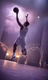 a basketball player is reaching up with his arm and holding the ball in his hand