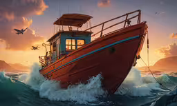 a boat is in the middle of a large body of water at sunset,an old boat traveling on rough ocean waves