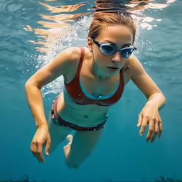 a person in a bikini under water near a rock