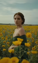 a woman in a field with sunflowers