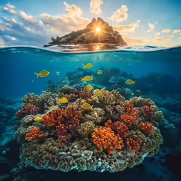 an underwater view of a coral reef and a small island in the background