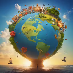 an art image that has people walking on the beach around a world,a man standing in front of a huge globe filled with houses and birds