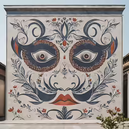 an outdoor mural of two faces on a building