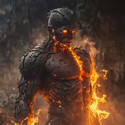 a man with orange and yellow fire coming out of his face
