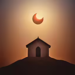 an image of the sun setting behind a house