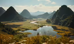 a scenic valley scene with lots of green grass and bushes